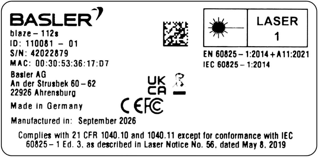 Product Label of the blaze-112s Camera Product Label of the blaze-112s Camera