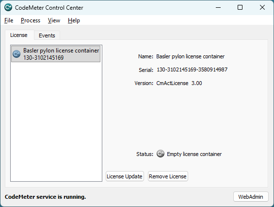 CodeMeter Control Center - Empty License Container