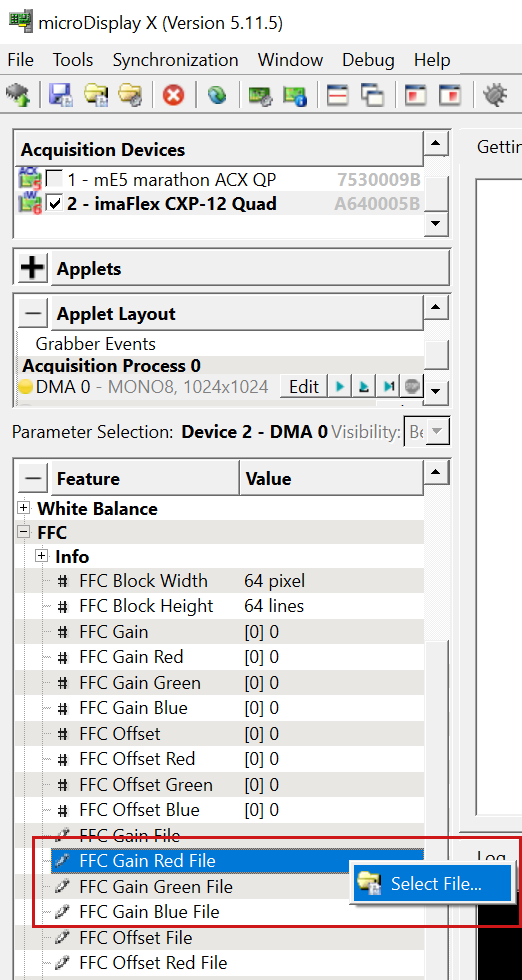 Loading Offset and Gain Values for Flat-Field Correction in microDisplay x