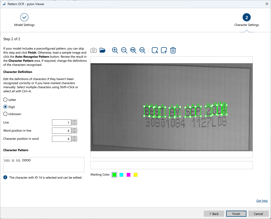Pattern OCR vToolの文字設定ページ Pattern OCR vToolの文字設定ページ